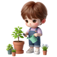 ai generado dibujos animados chico con un pala y un planta en un maceta png