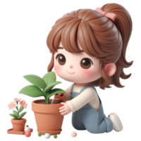 ai généré dessin animé enfant mignonne avec les plantes et fleurs png