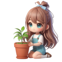 AI generated cartoon girls holding plants in potted pots png