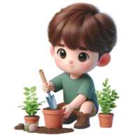 AI generated cartoon boy with a shovel and a plant in a pot png