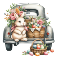 ai gegenereerd Pasen konijn het rijden een oud auto met bloemen en eieren png