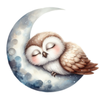 ai généré mignonne hibou en train de dormir sur le lune png