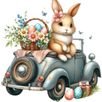 ai generato Pasqua coniglietto guida un vecchio auto con fiori e uova png