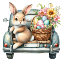 ai genererad påsk kanin körning ett gammal bil med blommor och ägg png