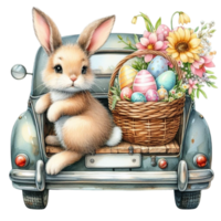 ai generato Pasqua coniglietto guida un vecchio auto con fiori e uova png