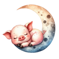 ai generado linda pequeño cerdo dormido en el Luna png