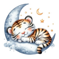 AI generated cute tiger sleeping on the moon with stars and clouds png