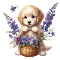 AI generated a cute puppy is sitting in a basket with flowers png