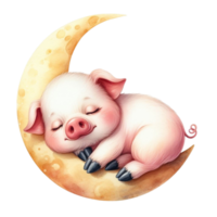 ai généré mignonne peu porc en train de dormir sur le lune png