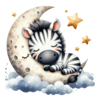 ai generato cartone animato zebra addormentato su il Luna con stelle png