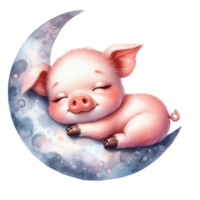 ai généré mignonne peu porc en train de dormir sur le lune png