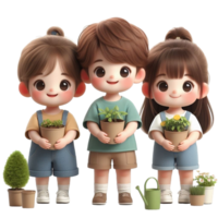 ai généré dessin animé enfant mignonne avec les plantes et fleurs png