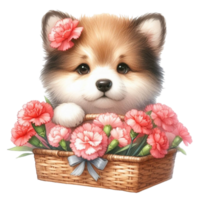 AI generated a cute puppy is sitting in a basket with flowers png