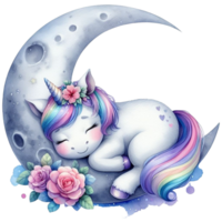 ai generado linda unicornio dormido en el Luna png