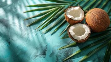 AI generated Cracked Coconut and Palm Leaf on Smooth Surface. Tropical Elegance photo