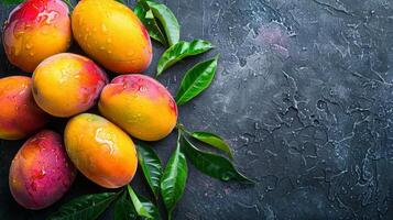 AI generated Artfully Arranged Ripe Mangoes on Stone Surface. Tropical Splendor photo