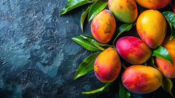 AI generated Artfully Arranged Ripe Mangoes on Stone Surface. Tropical Splendor photo
