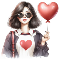 AI generated girl with heart balloon png