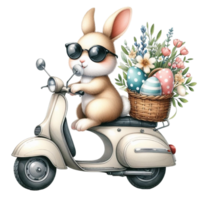 ai gegenereerd Pasen konijn rijden een scooter met bloemen en Pasen eieren png