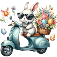 ai généré Pâques lapin équitation une scooter avec fleurs et Pâques des œufs png