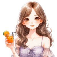 ai généré anime fille en portant une boisson avec Orange jus png