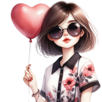 AI generated girl with heart balloon png