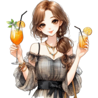 AI generated anime girl holding a drink with orange juice png