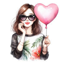 AI generated girl with heart balloon png