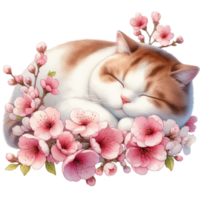 ai generiert ein Katze Schlafen im ein Bündel von Blumen png