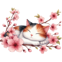 ai generiert ein Katze Schlafen auf ein Ast mit Blumen png