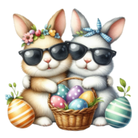 ai généré deux mignonne lapins avec des lunettes de soleil et une panier de des œufs png