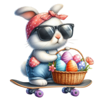 ai généré Pâques lapin équitation une planche à roulette avec panier de des œufs et fleurs png