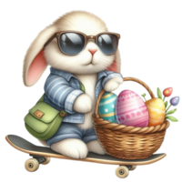 AI generated easter bunny riding a skateboard with basket of eggs and flowers png