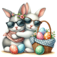 AI generated two cute rabbits with sunglasses and a basket of eggs png