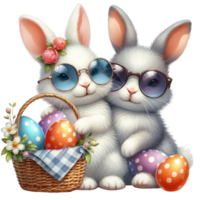 ai généré deux mignonne lapins avec des lunettes de soleil et une panier de des œufs png