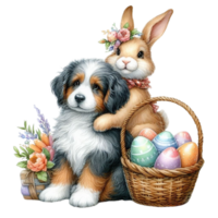 AI generated easter bunny and dog with basket of easter eggs and flowers png