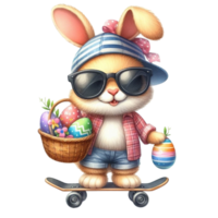 AI generated easter bunny riding a skateboard with basket of eggs and flowers png