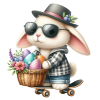 ai généré Pâques lapin équitation une planche à roulette avec panier de des œufs et fleurs png