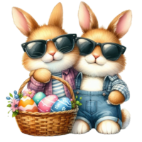 ai généré deux mignonne lapins avec des lunettes de soleil et une panier de des œufs png