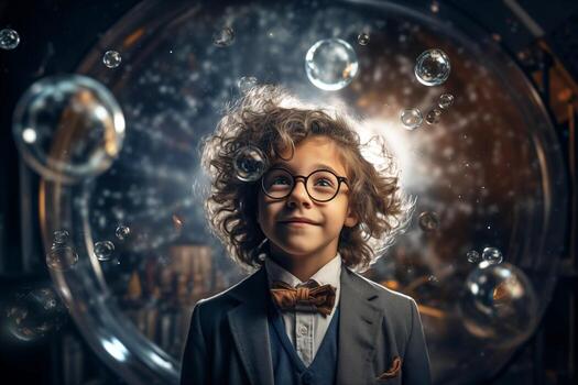 AI generated Boy Astronomer in Observatory with Telescope photo