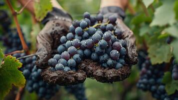 AI generated Vineyard with hands harvesting clusters of ripe grapes from the vines photo