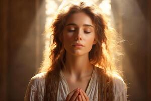 AI generated Christian Woman Young Praying in the Church photo