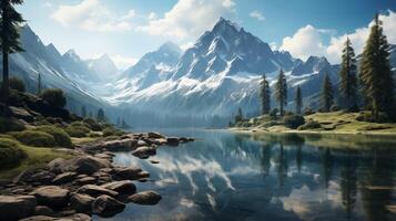 AI generated Serene Mountain Lake Surrounded by Towering Pine Trees photo