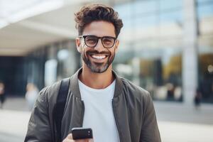 AI generated Male App Developer with Smartphone photo