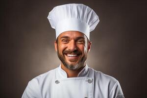 ai generado cocinero hombre en un blanco uniforme y sombrero en un estudio antecedentes foto