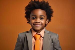 AI generated Cheerful Black Boy in Peach and gray Fuzz Suit on a Light Background photo