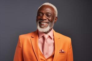 AI generated Happy Black Senior Man in a Stylish Peach Fuzz Suit. Dapper Senior Style photo