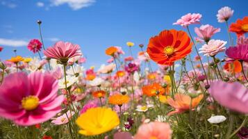 ai generado vibrante campo de flores debajo un claro azul cielo. un Perfecto antecedentes foto