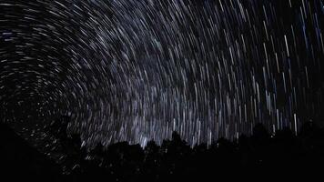 Time lapse of comet-shaped star trails over the forest in the night sky. Stars move around a polar star. 4K video