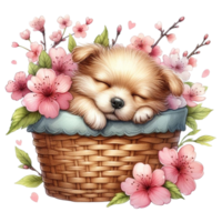 ai genererad söt hund sovande i en körsbär blomma korg png